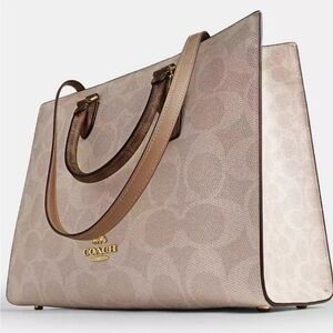 Coach Contrast Handle Cream & Beige Signature Tote WITH bonus cross body strap
